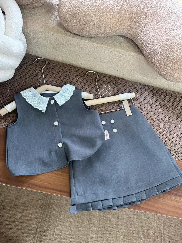 Set Áo Vest Sát Nách Cổ Ren Trắng 2 Màu Kèm Chân Váy 55C Dành Cho Bé Gái