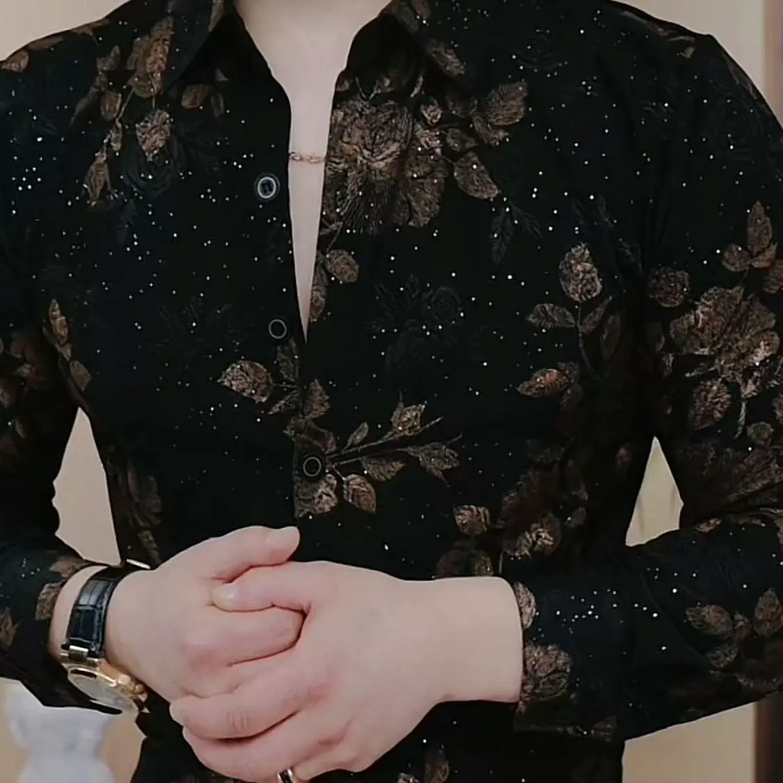 Gold Leaf Printed Men's Long-Sleeved Shirt
