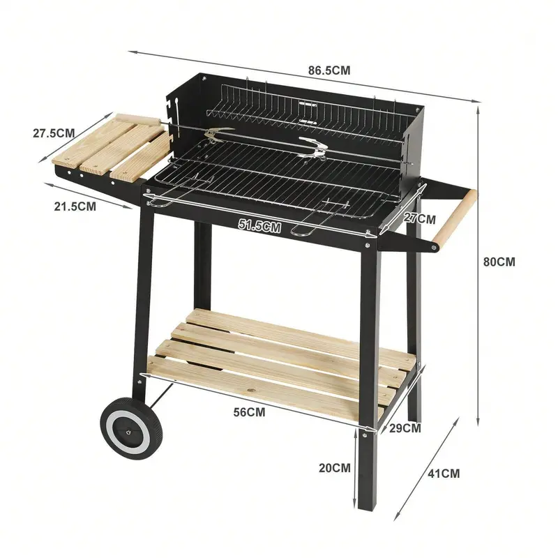 Palakjot KAUR Charcoal BBQ Barbecue Grill Steel Rectangular Trolley For Outdoor Patio Garden W/Wheels & Shelves 6