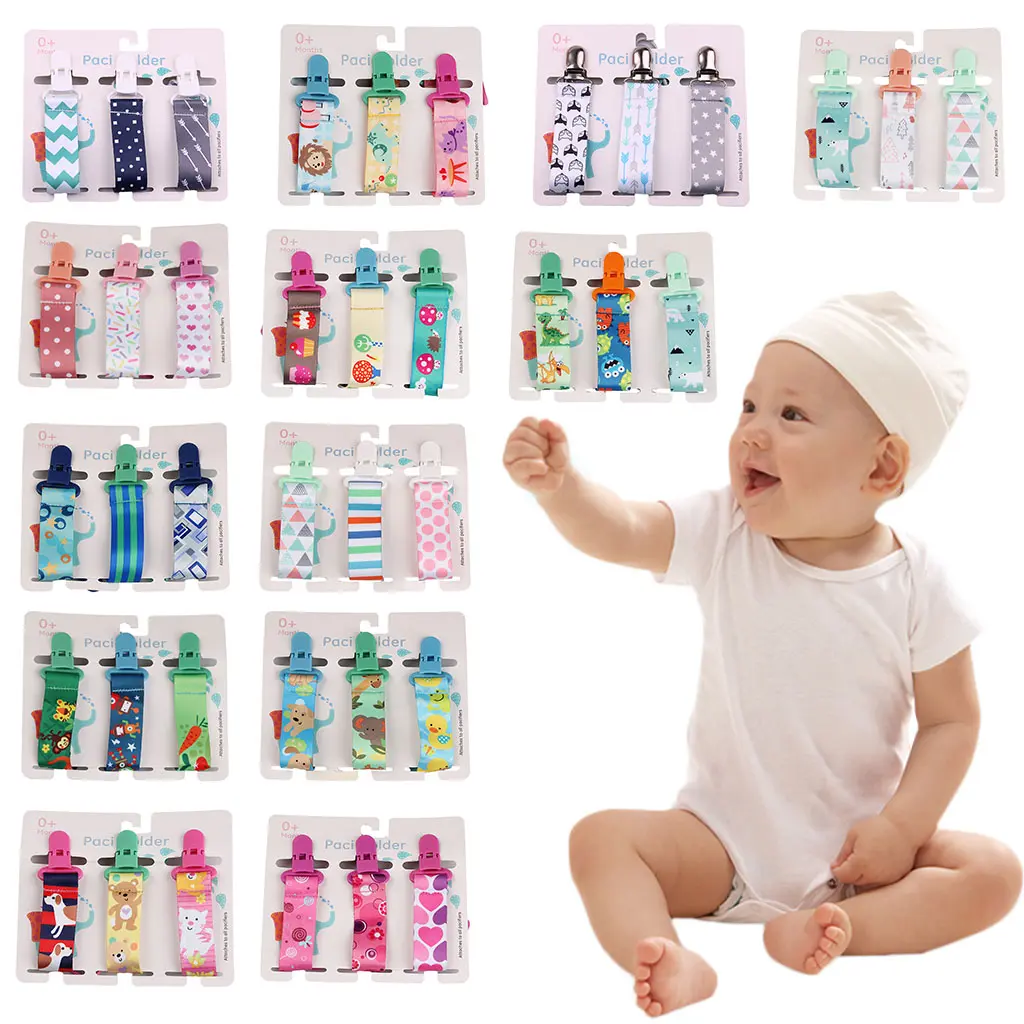 yumia 3 Pcs Cartoon Print Pacifier Clip Chain Dummy Nipple Leash Strap Soother Holder