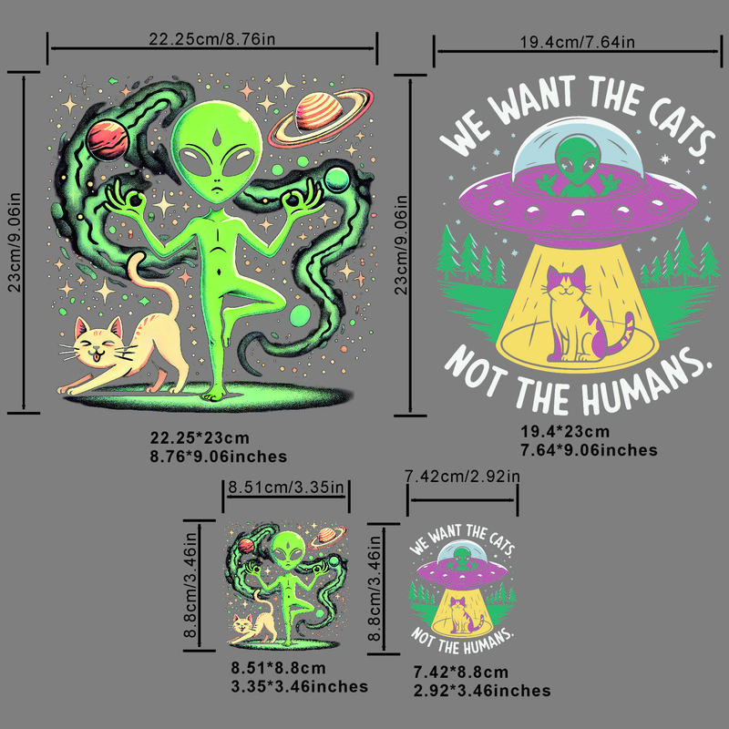 Alien & Cat Pattern Heat Transfer Sticker, 2/4 Counts Cartoon Animal Pattern Heat Transfer Sticker, DIY T-shirt, Jeans, Backpack, Handbag, Pillowcase and Vintage Baseball Cap 2