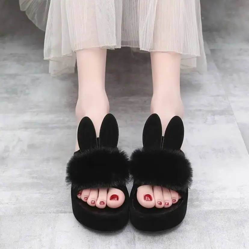 Dép Nữ lông thỏ cao 5 cm bằng Nhung nhẹ chân không trơn trượt  DéP Slipper Có Quai Women Đồng