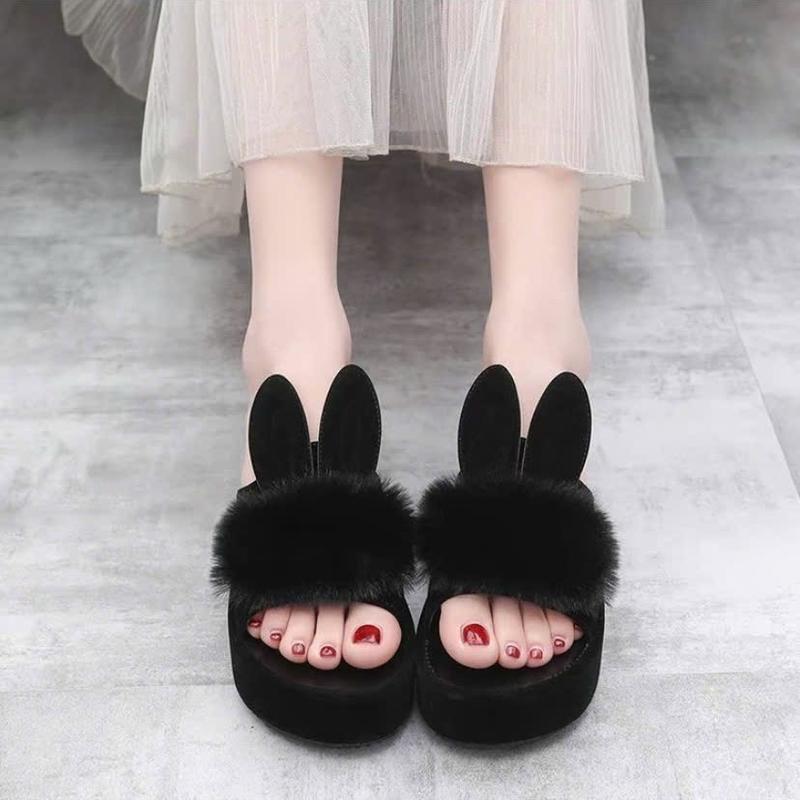 Dép Nữ lông thỏ cao 5 cm bằng Nhung nhẹ chân không trơn trượt DéP Slipper Có Quai Women Đồng