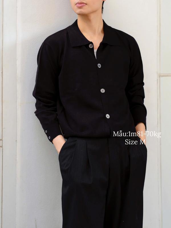 Áo Knitted dài tay sợi dệt Acrylic-cotton- spandex form oversized bền bỉ chống dão chống co xẻ tà xẻ tay bản cổ lớn Menswear Nam Shirt Sơ Mi