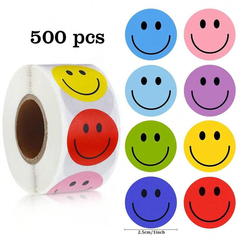 Smile Face Pattern Self Adhesive Sticker, 500pcs/roll Round Label Sticker, Decorative Sticker for Gift, Cake, Biscuit, Greeting Card Envelope 1
