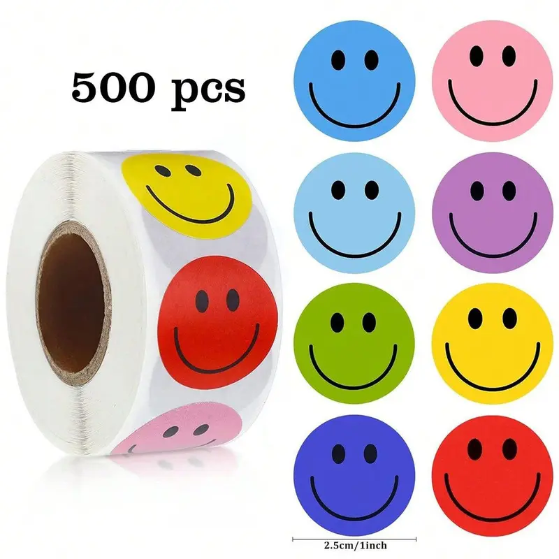 Smile Face Pattern Self Adhesive Sticker, 500pcs/roll Round Label Sticker, Decorative Sticker for Gift, Cake, Biscuit, Greeting Card Envelope,  Holiday Essentials 1