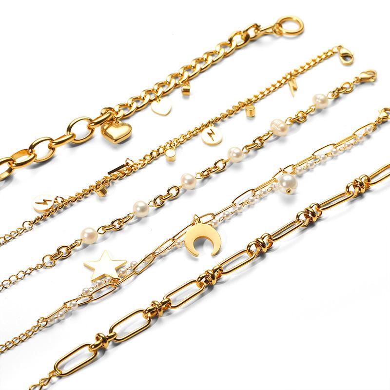 Unique Fashion Simple Bracelet Lightning Pearl Moon Cross Chain 18K Gold Stainless Steel Bracelet High-end Jewelry Really Good 3