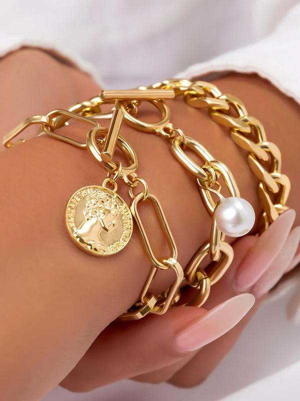 Vintage Chain & Faux Pearl Design Link Bracelet (3pcs), Fashion Punk Chunky Chain Bracelet for Party, Daily Clothing Decor, Trendy All-match & Exquisite Maximalist Jewelry for Birthday Gift 2