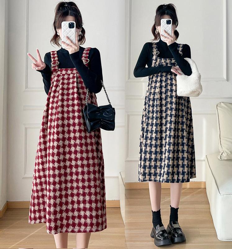 Young Mom | Set yếm váy bầu bigsize qua đầu gối Y537 form suôn A gọn bầu, phong cách trẻ trung, chất dày dặn ấm áp mùa Đông Thai sản Thai kỳ Thoải mái Váy Bầu Đầm Bầu Voi