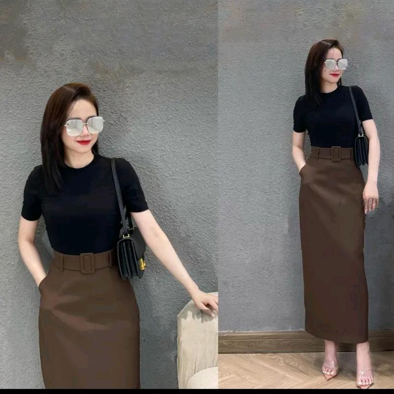 Chân Váy Bút Chì Suông Dài 88Cm Kèm Đai Vải túi 2 bên có 2 lớp lót chanh xả Nữ Women