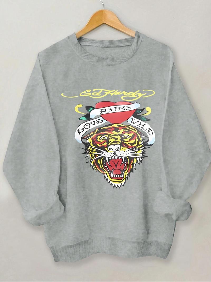Product Introduction of Women's Tiger & Letter Print Round Neck Sweatshirt, Casual Long Sleeve Crew Neck Pullover for Daily Wear, Ladies Clothes for All Seasons 1