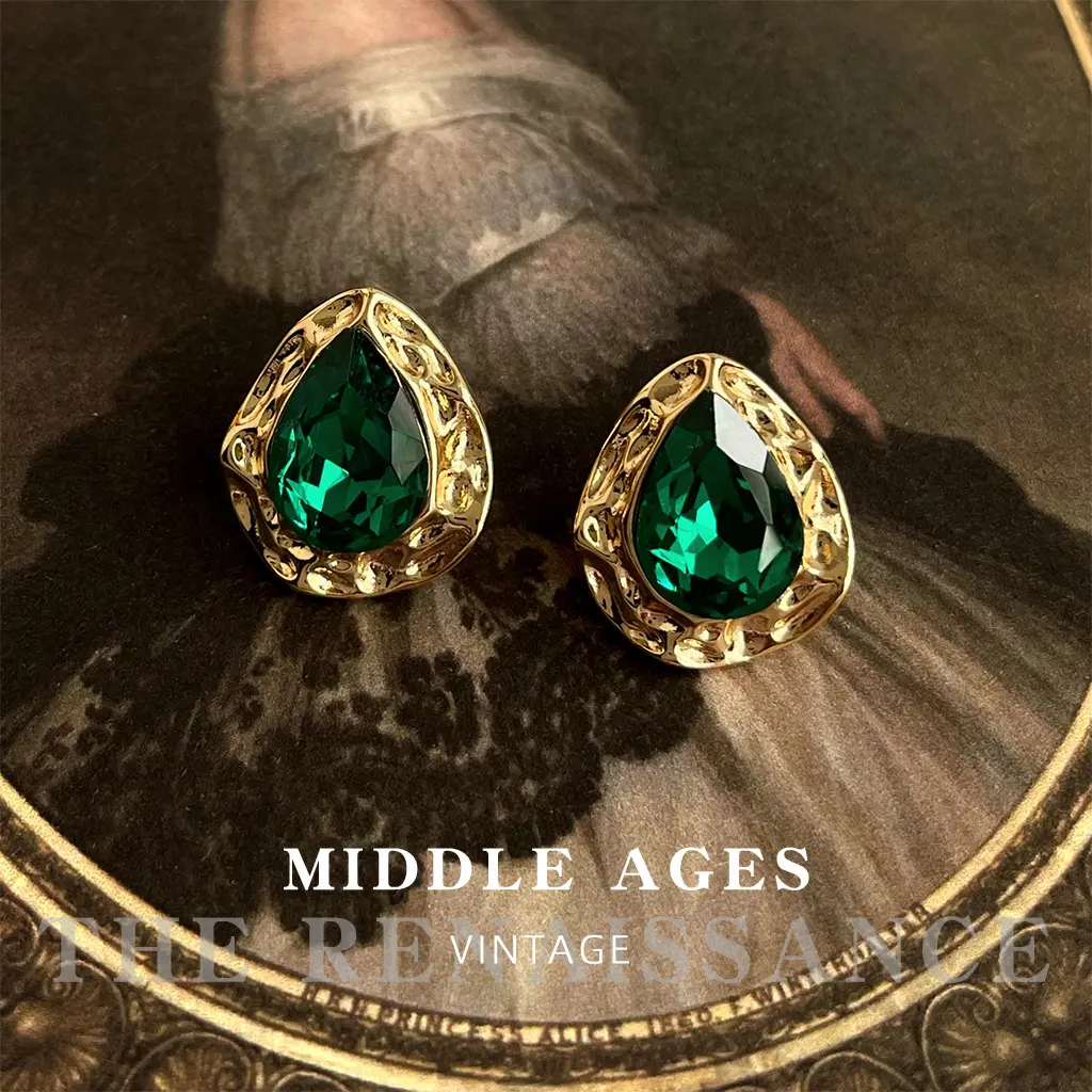 Vintage Light Middle-Ancient Heavy Industry Green Grandmother Water Drop Earrings Hammered Metal Ear Studs Light Luxury High-Grade Earrings