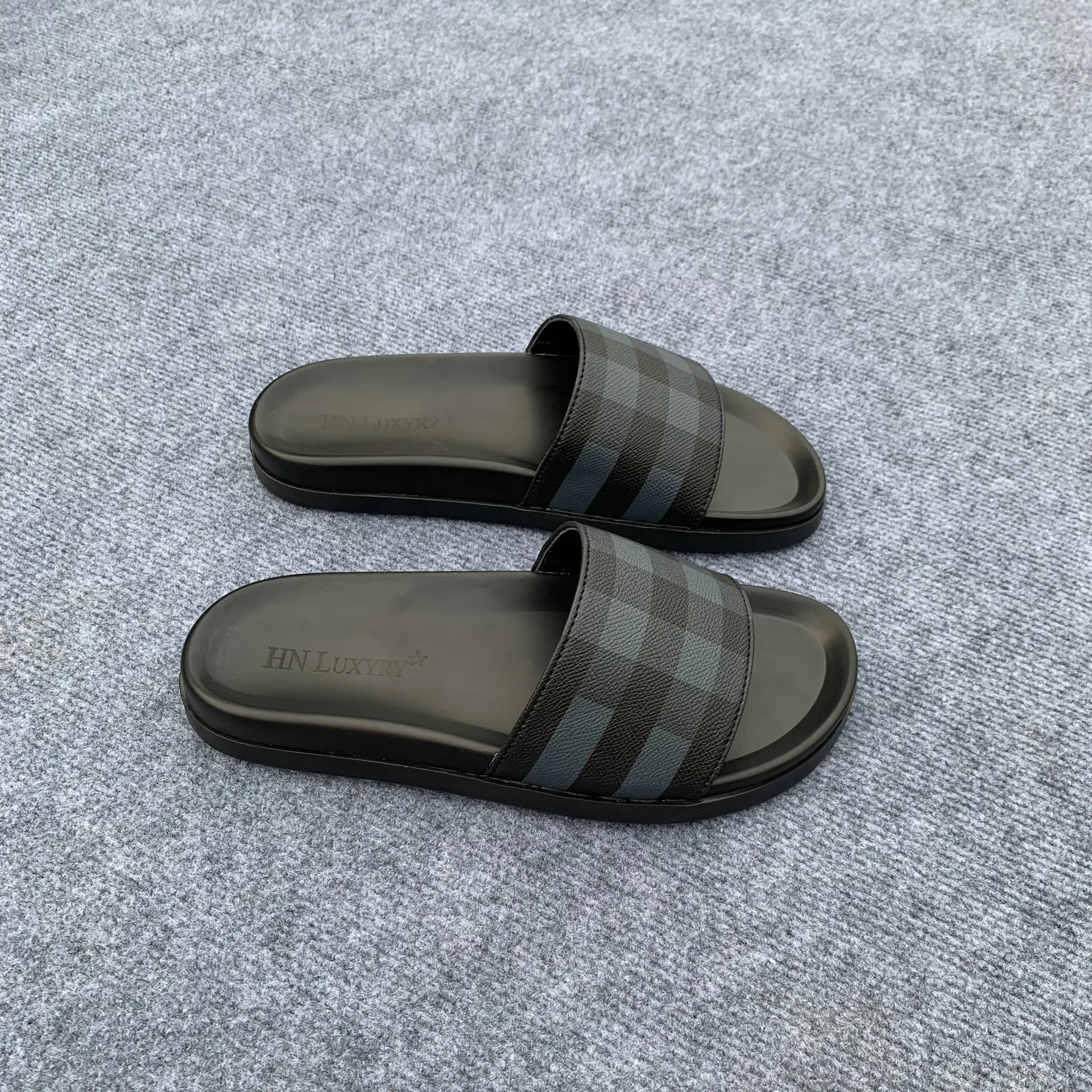 [Mã K06] Dép nam nữ quai da kẻ sọc đế cao su có hộp Đế Bằng DéP Quai Ngang [Khâu Đế]-Free Ship Slipper
