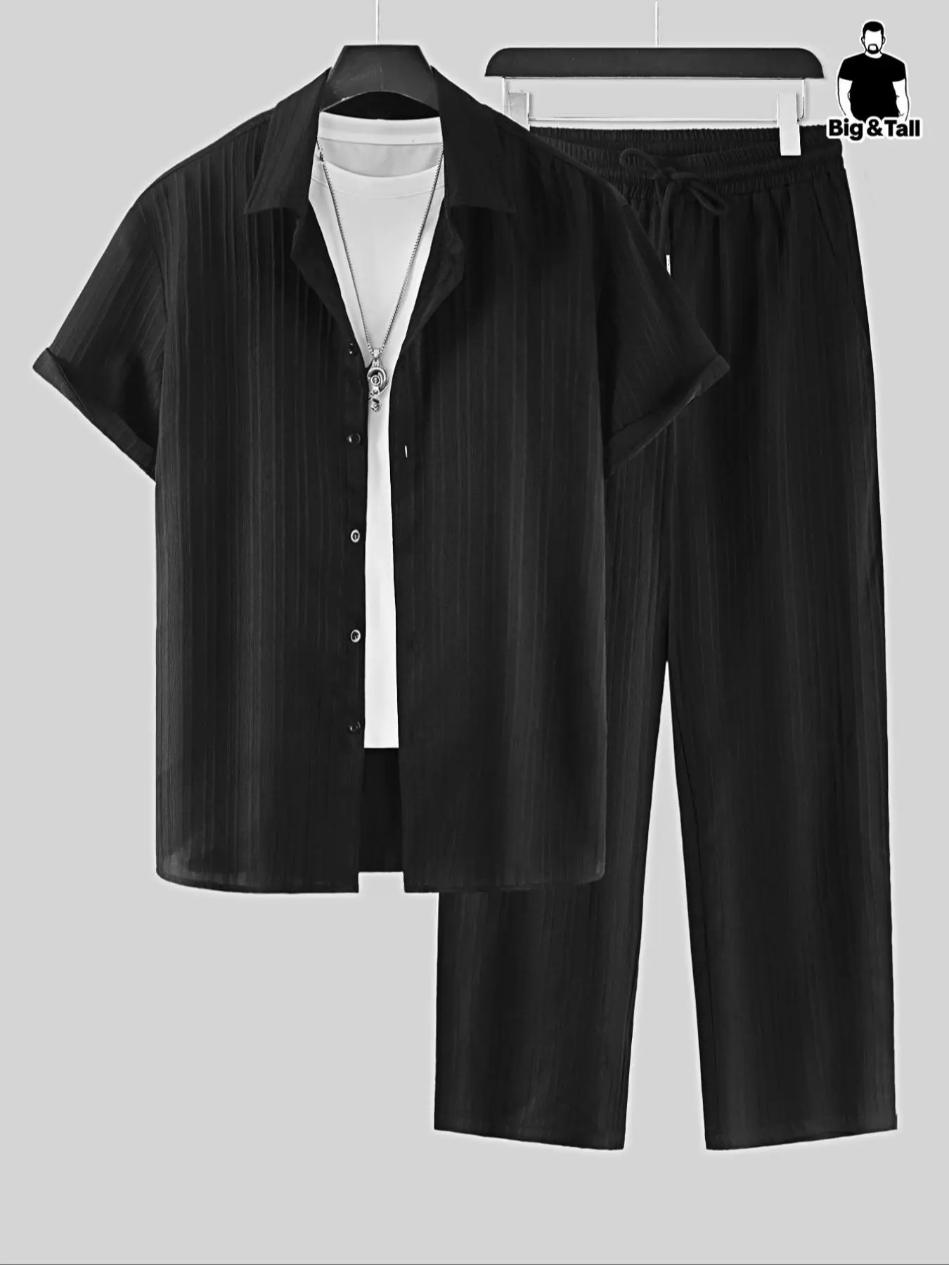 Men's Plus Size Two-Piece Set Button Front Shirt & Drawstring Waist Pants Set, Regular Fit Casual Short Sleeve Collared Top & Pocket Trousers, Men's Two-piece Outfits