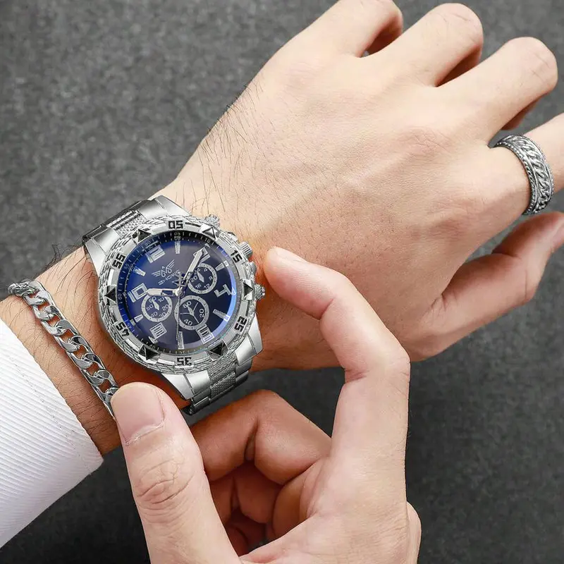 Bộ Đồng Hồ, 4 Món, Dành Cho Nam, Thời Trang, Phong Cách Thể Thao, Thép Không Gỉ, Đồng Hồ Thạch Anh Ba Mặt Số, Tặng Kèm Vòng Cổ, Vòng Tay Và Nhẫn 7