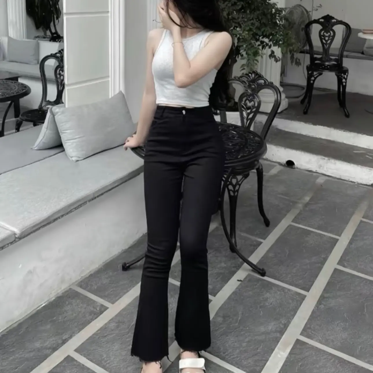 Quần jean ống loe vải bò giấy co giãn Women