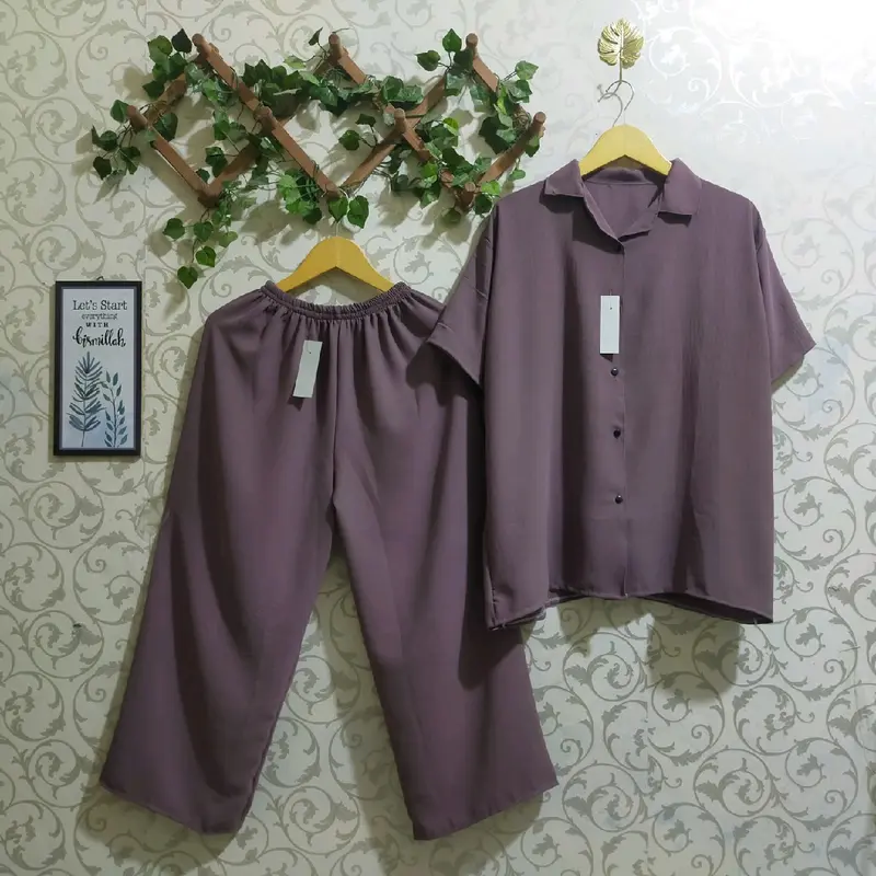 Ld 120 setcel karla pendek jumbo/setelan crinkle airflow pendek/setcel pendek crinkle airflow/setelan piyama wanita/baju Santai/baju Tidur Nyaman celana Panjang Busui Kerah 4