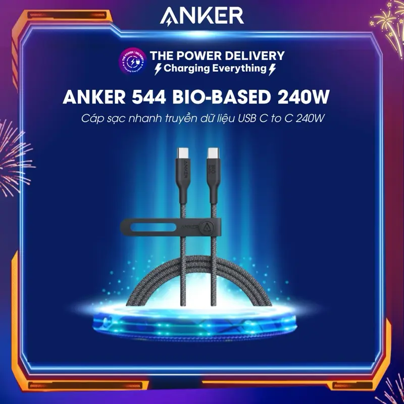Cáp sạc nhanh truyền dữ liệu Anker 544 Bio-Based USB C to C 240W bọc dù siêu bền - A80F5 (0.9m), A80F6 (1.8m) - BH 12T