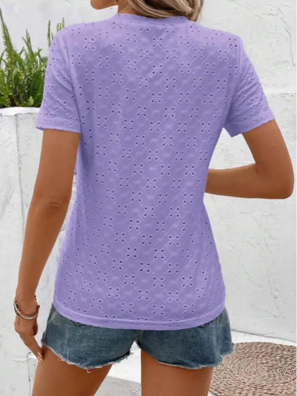 Women's Plain Eyelet Embroidery Tee, Casual Short Sleeve Round Neck T-shirt for Daily Wear, Ladies Clothes for All Seasons 1