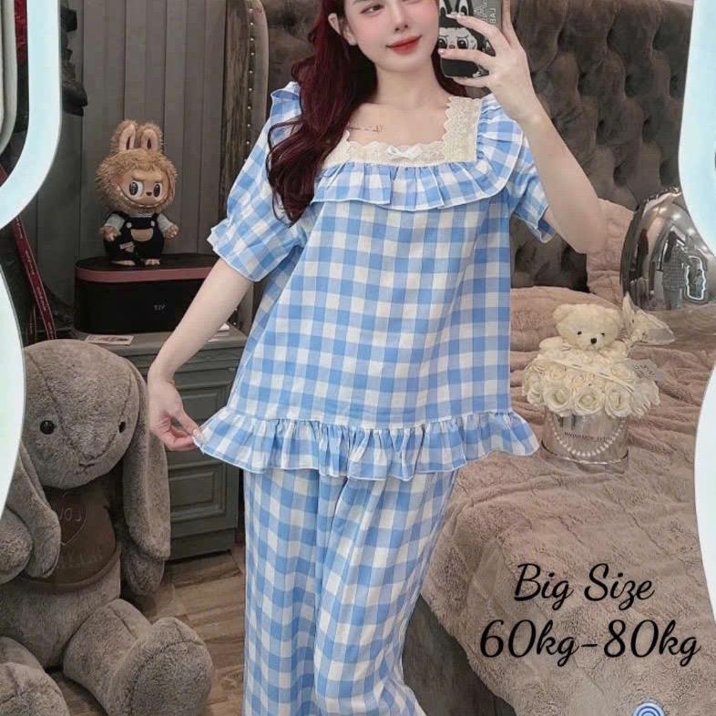 Bigsize 50/75 kg đũi sọc caro tiểu thư cổ vuông viền ren mặc nhà thoáng mát Women Nữ 3
