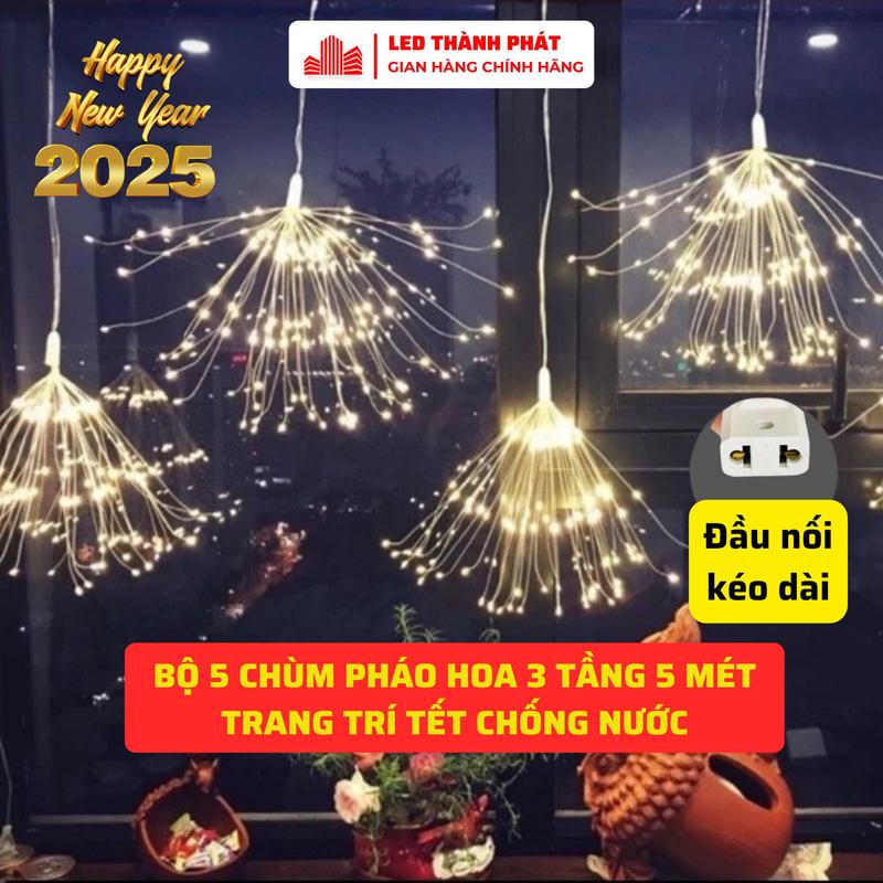 Dây đèn trang trí pháo hoa chống nước 5 chùm 3 tầng 8 hiệu ứng nháy , có đầu nối kéo dài , trang trí tết sân vườn nhà cửa