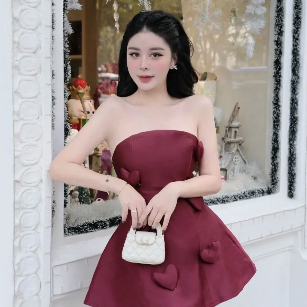 Váy Cúp Ngực Đính Tim Siêu Xinh .Hàng Thiết Kết Jaewon Boutique Nữ Women hở đầm đen hoa đỏ vay