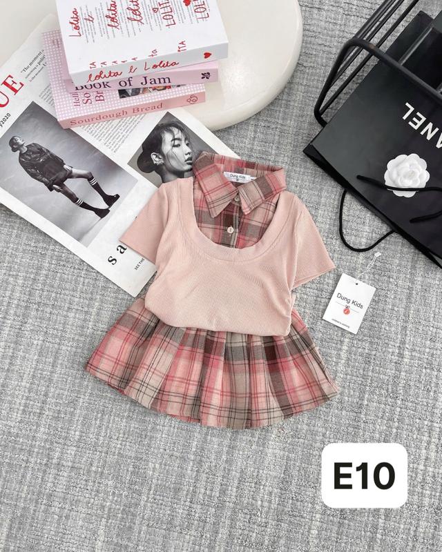 Dung Kids 05 - E10 Set kẻ 2 màu, Áo Pha Cổ sơ mi kẻ kèm chân vát xòe xinh xắn cho bé gái 3