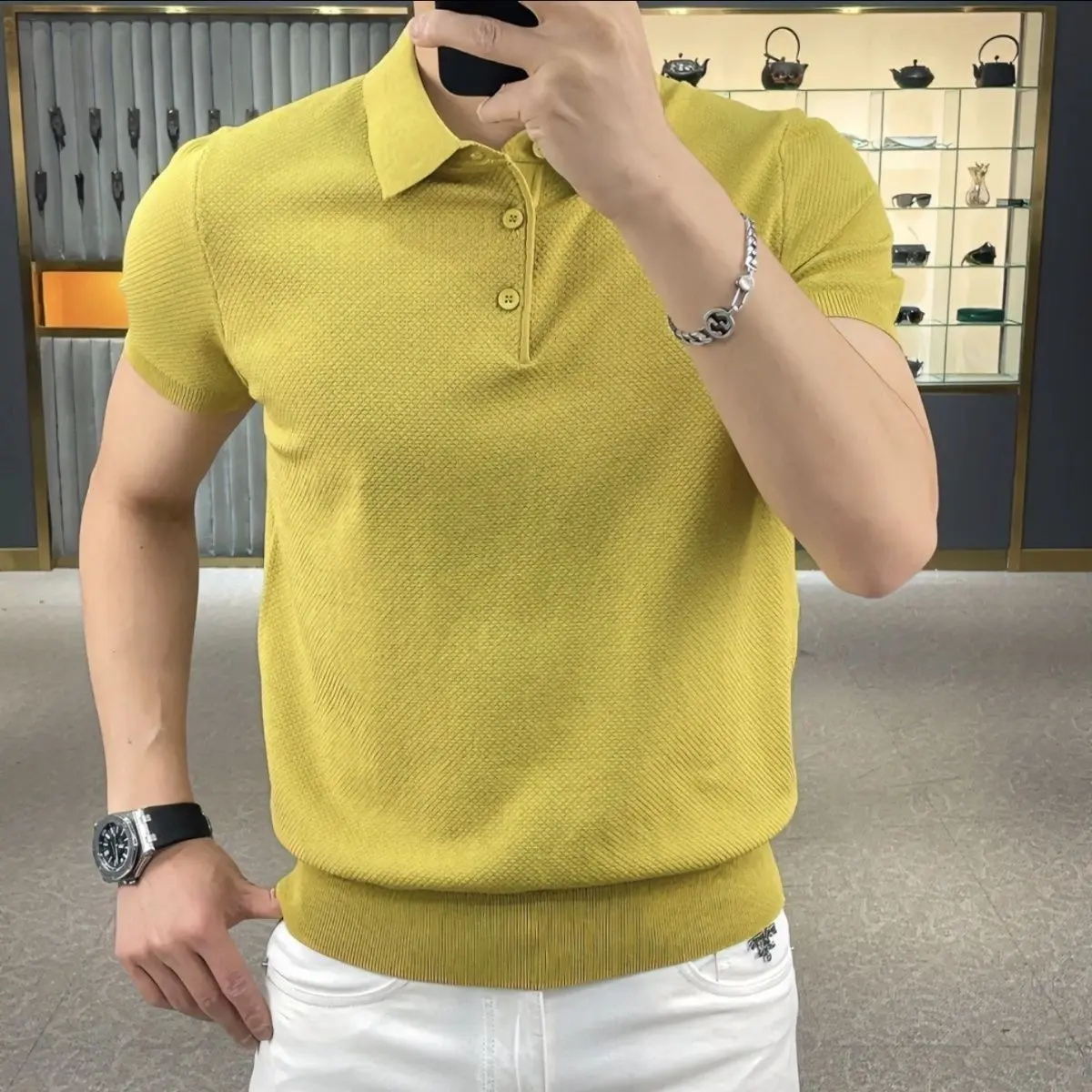 Áo Thun Ngắn Tay, Dành Cho Nam Giới, Chất Liệu Lụa Lạnh Áo Polo Mới, Dệt Kim, Phong Cách Ngầu Màu Trơn Cổ Áo Đơn Giản, Thời Trang, Bộ Sưu Tập Mùa Hè Mới 2023 Menswear Có Cổ thông thường hàn quốc Shirt