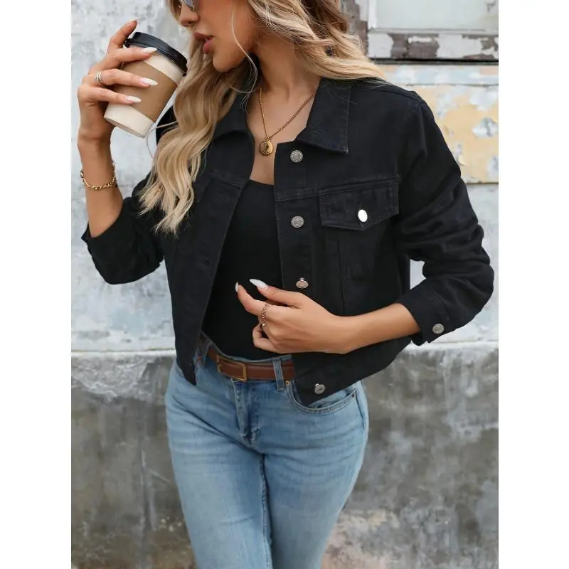 Women's Chic Black Denim Jacket - Long Sleeve, Button-Up, Cropped Style for Spring & Fall, Elegant Rayon Blend, Machine Washable, Versatile Outerwear for Casual or Trendy Outfits, Trendy Jacket |   Buttonup Jacket |   Smooth Texture Jacket