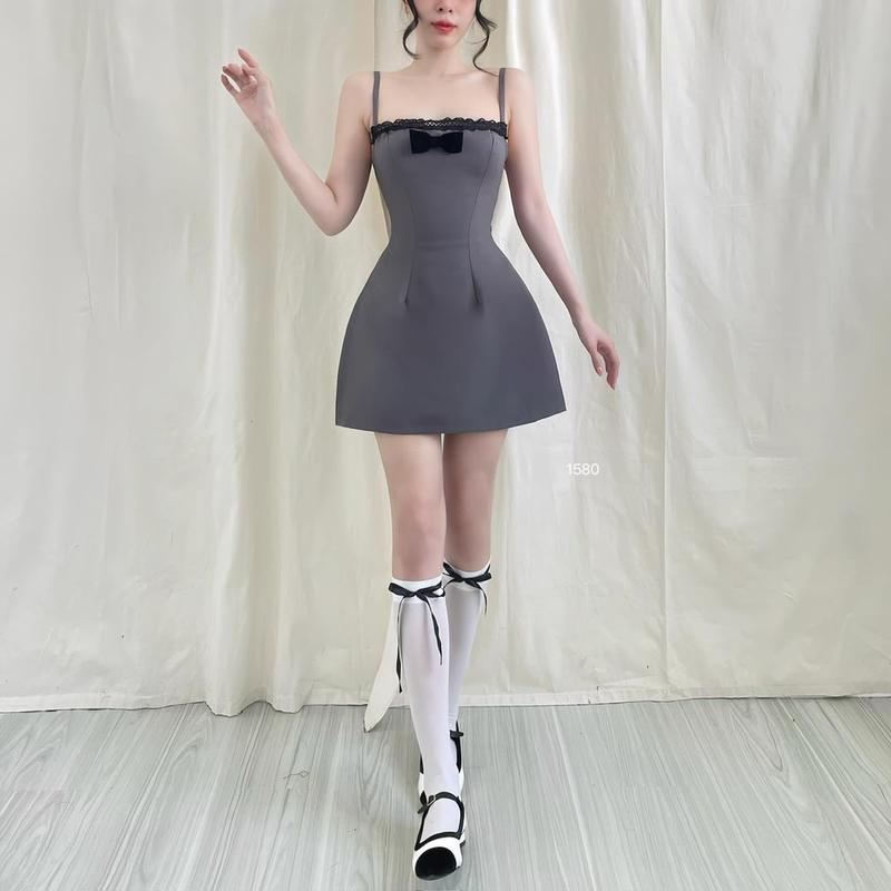 Product Introduction of Đầm dây hở lưng đính nơ phom A tôn dáng sang chảnh Bell Dress Biu Clothing BB0355 Nữ Women Voan Đen 12