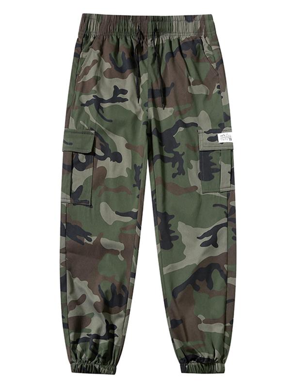 Men's Camo Print Pocket Elastic Waist Cargo Pants, Regular Fit Casual Fashion Trousers for Outdoor Hiking, Woven Bottoms for Men 0