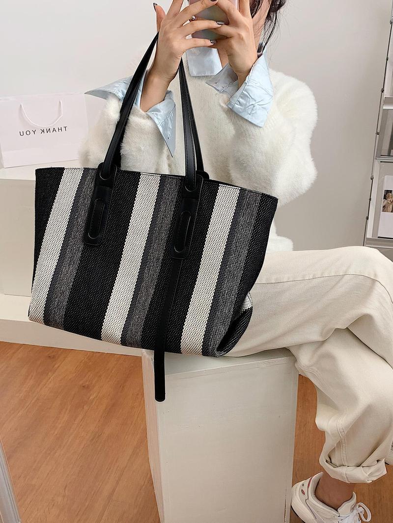 Product Introduction of Women's Fashionable Striped Pattern Tote Bag, Casual Large Capacity Shoulder Bag for Work & School, Durable Multi-functional Daily Commuting Bag 5