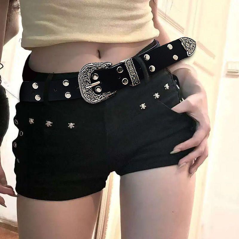 Quần Legging Đen Bó Cô Gái Nóng Bỏng Mỹ Phong Cách Y2G Tối Màu Đinh Tán Thiết Kế Đẹp Chất Liệu Denim Quần Đùi Siêu Ngắn Thắt Lưng Nữ Tôn Dáng Cạp Thấp