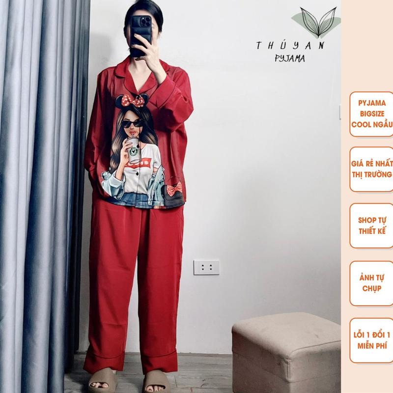 Bộ Pijama Bigsize cô gái màu đỏ tay dài mặc nhà dành cho nữ có size từ 40kg đến 90kg