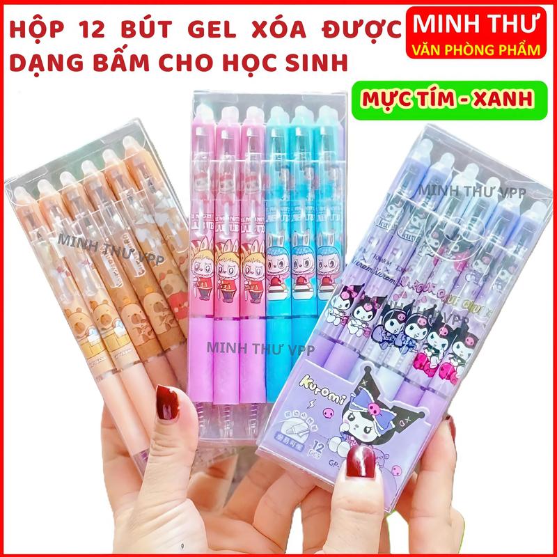 Hộp 12 Cây Bút Viết Gel BẤM TẨY XÓA ĐƯỢC Ngòi 0.5mm - Mực Xanh Tím - Mực Đậm Ngòi Êm Mực Đẹp Cho Học Sinh