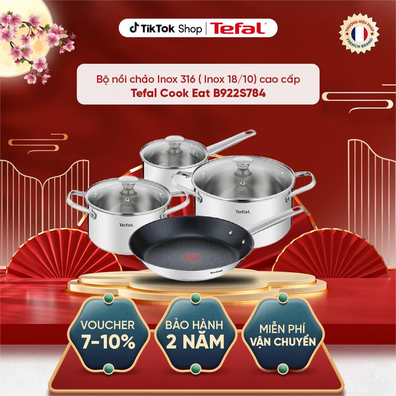 Bộ nồi chảo Inox 316 ( Inox 18/10) cao cấp Tefal Cook Eat B922S784 - Chảo 28 cm, Quánh 16cm, Nồi inox 20cm, Nồi inox 24cm