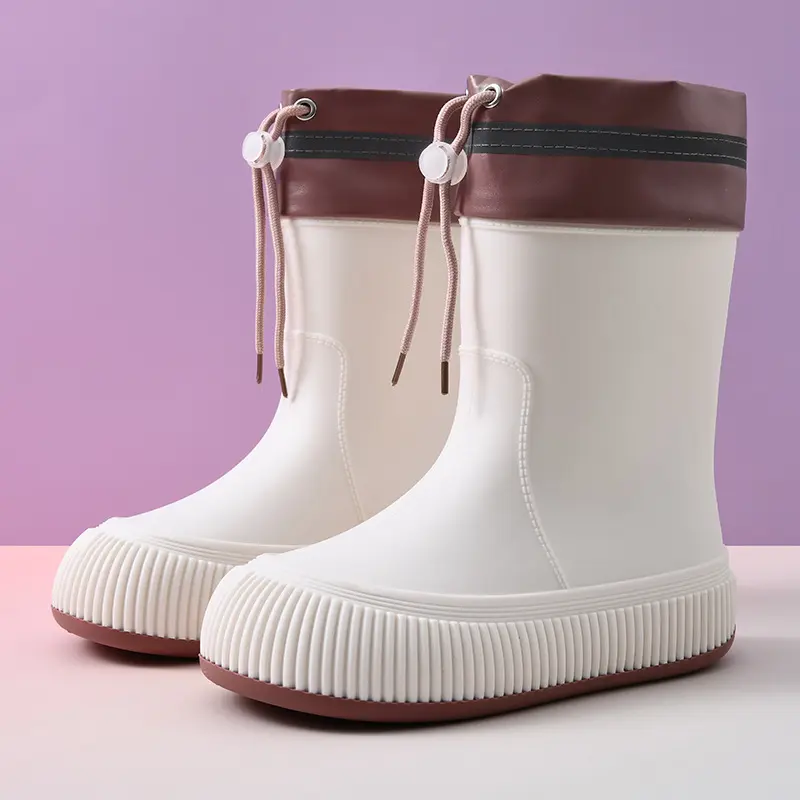 New Style Drawstring Rain Boots for Women, Non-Slip, Height Increasing, Thickened Mid-Calf Water Shoes, All-Season Outdoor Wear, Thick Sole, Wear-Resistant, Waterproof Rubber Rain Boots
