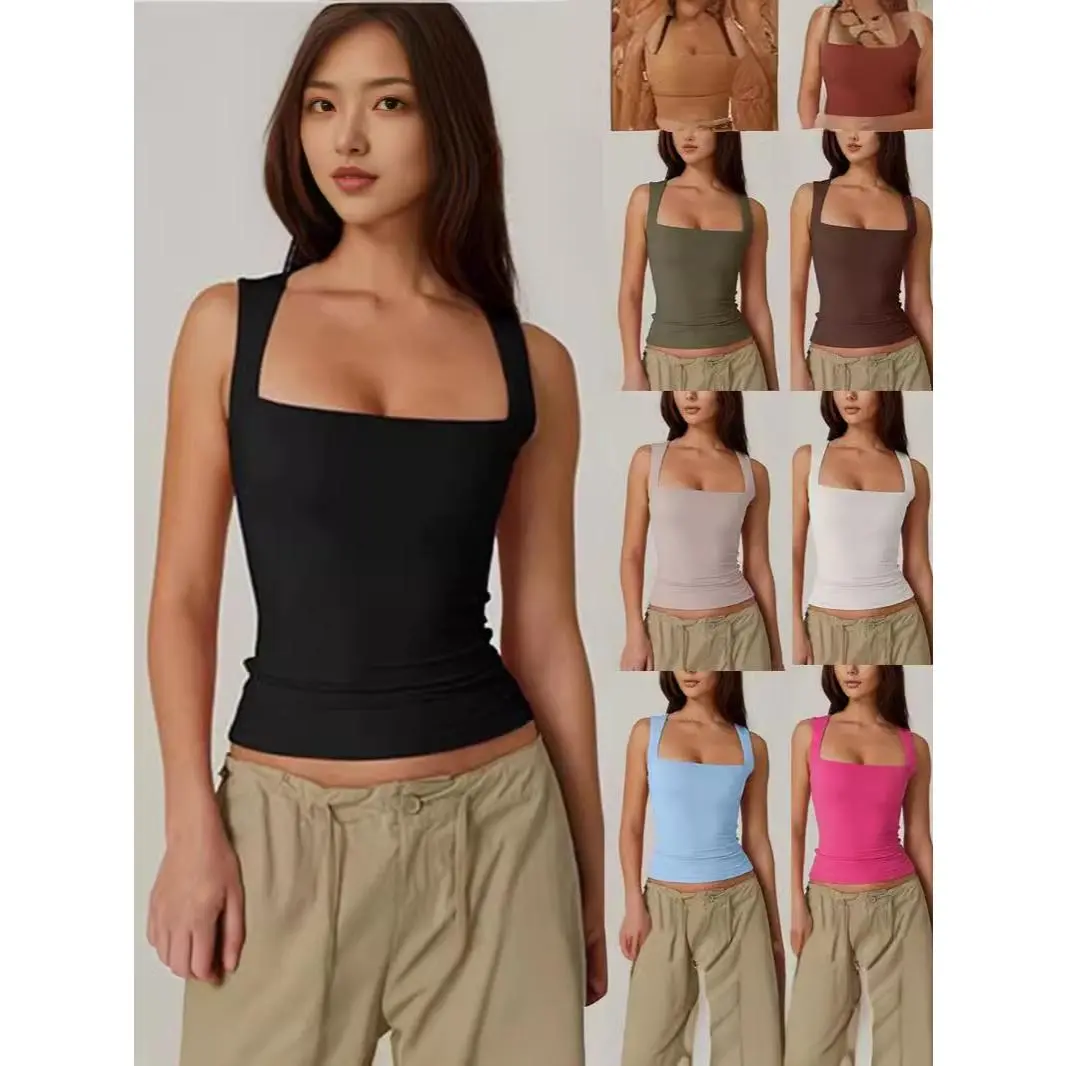 New summer new women's square collar sleeveless double vest basic tight T-shirt Womenswear Tops