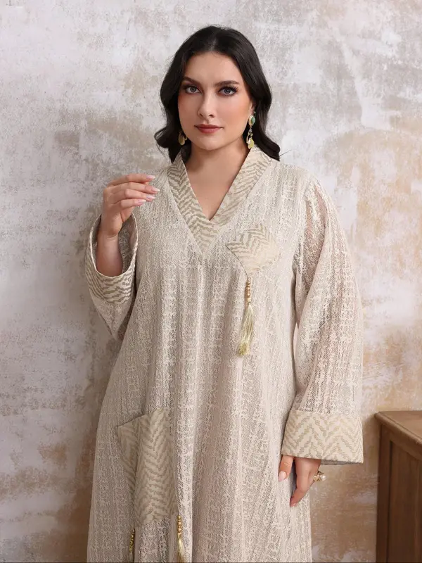 【Plus Size】 Fringe Trim Pocket V Neck Dress, Modest Long Sleeve Arabic Clothing for Women, Women's Islamic Clothing for Fall & Winter 4