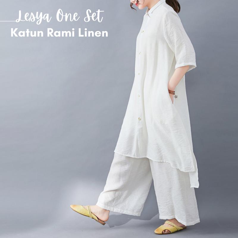 Lesya Setelan Wanita One Set Jumbo Atasan Tunik Dan Celana Kulot Bahan Katun Linen Rami Daily Set Kekinian Terbaru 2023 0