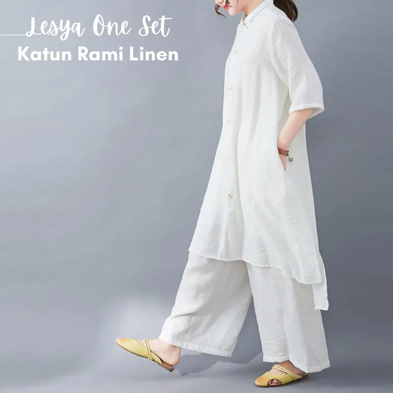 Lesya Setelan Wanita One Set Jumbo Atasan Tunik Dan Celana Kulot Bahan Katun Linen Rami Daily Set Kekinian Terbaru 2023 0