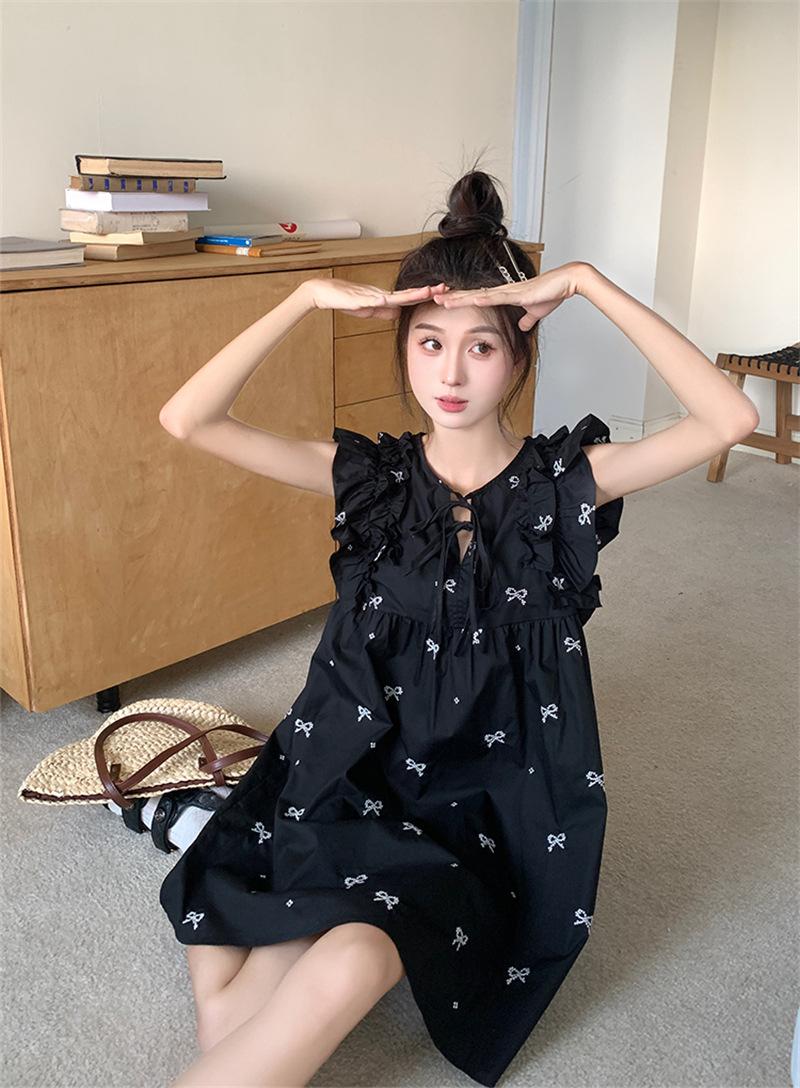 Product Introduction of JLYDQ*Sweet doll skirt with small flying sleeves, black dress for women in summer, loose ruffled hem, belly covering, short skirt, cute jumpsuit, short skirt 4