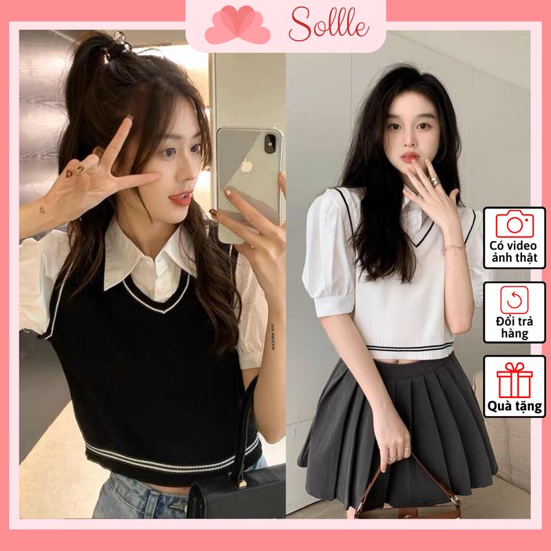 Áo gile len phối liền sơ mi nữ trắng cộc tay dáng ngắn đi học basic Hàn Quốc Sollle