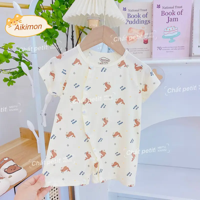 Áo liền quần ngắn tay, Jumpsuit cộc tay vải peptit mềm mát co giãn tốt cho bé trai bé gái sơ sinh từ 3-9kg BD01 5
