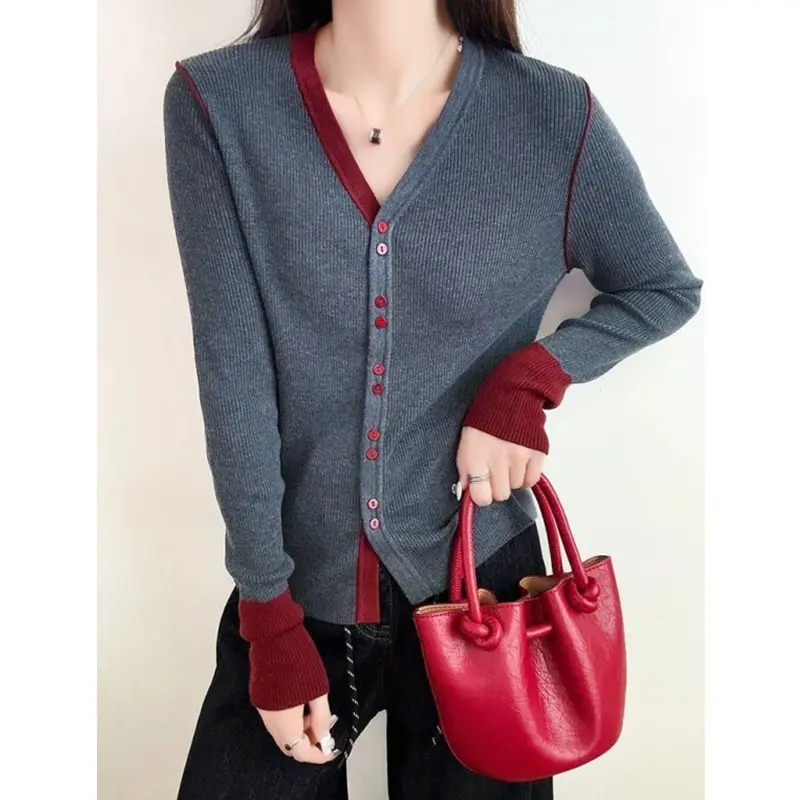 Áo Cardigan Dệt Kim, Yihan, 2660 #, Mùa Thu Và Mùa Đông Hàng Mới Về, Ngoại Cỡ, Cổ Chữ V, Màu Tương Phản, Áo Len Khối Màu, Áo Dáng Rộng Cho Nữ Women Top