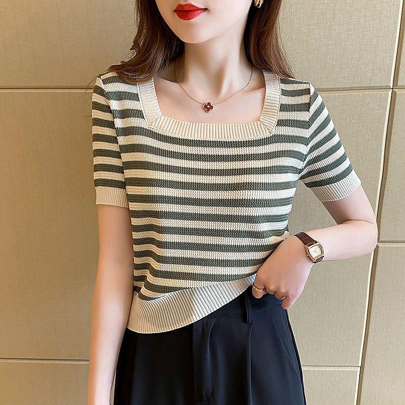Product Introduction of Square Neck Short T-Shirt for Women New Summer Short Sleeve Slimming Stylish Striped Knitted Top 14