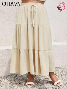 CURVZY Plus Size Autumn Aesthetic Women's Tie Front Ruffle Hem Skirt, Casual A Line Long Skirt, Women's Plus Bottoms for Summer