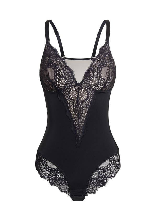 Women's Plain Lace Sheer Shapewear Bodysuit, Casual Elegant Adjustable Strap Deep V Neck Backless Bodysuit, Ladies Shapewear for Daily Wear 0