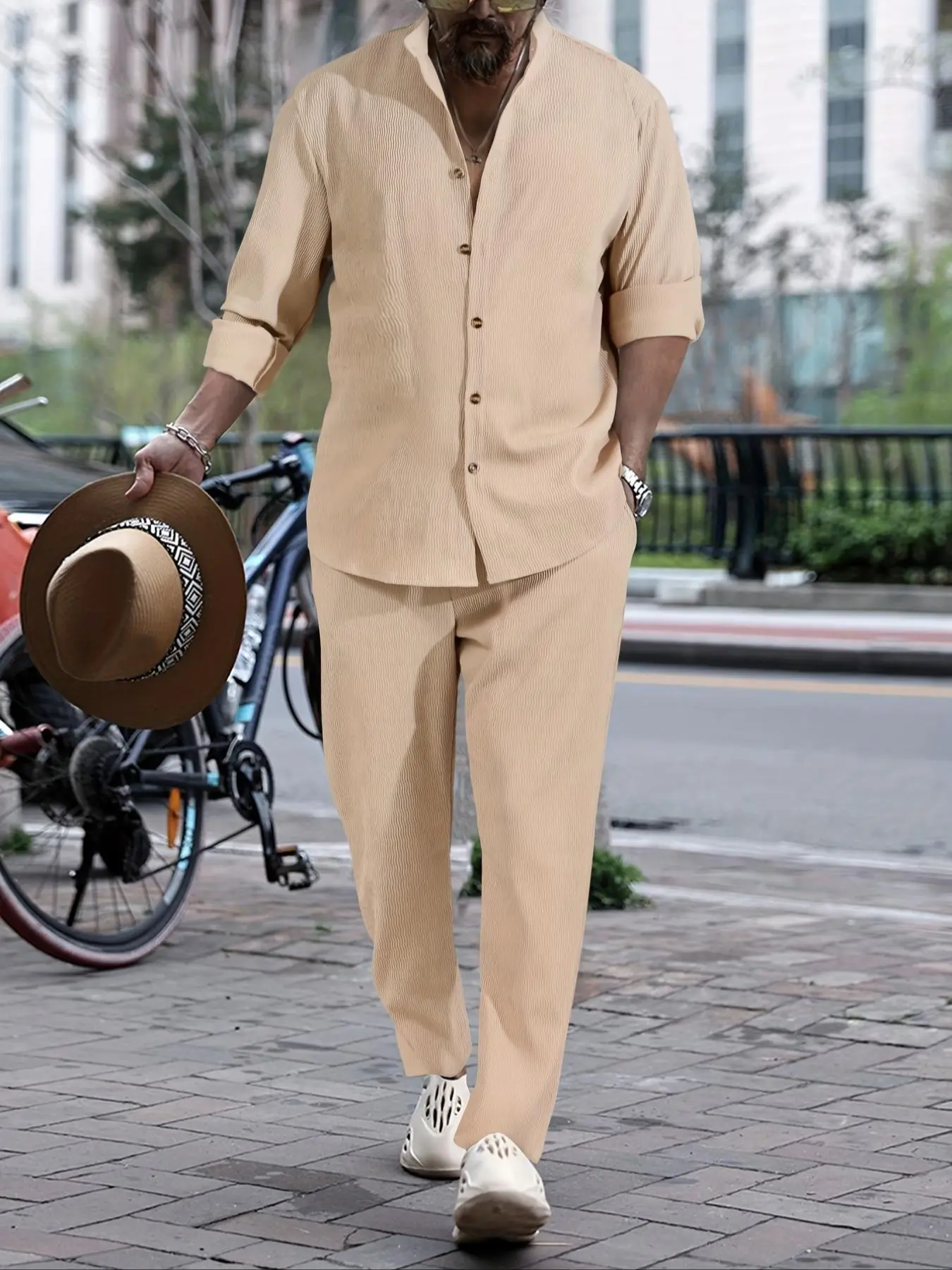 Two-Piece Set Men's Solid Textured Button Front Shirt & Drawstring Waist Pants, Regular Fit Casual Long Sleeve Top & Pocket Trousers for Fall & Winter, Men's Two-piece Outfits for Daily Wear
