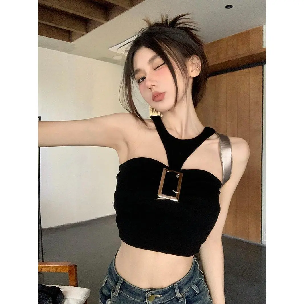 Áo Vest Cổ Yếm Có Gọng Kim Loại, Dành Cho Nữ, Áo Không Tay Hở Lưng Cropped Xén